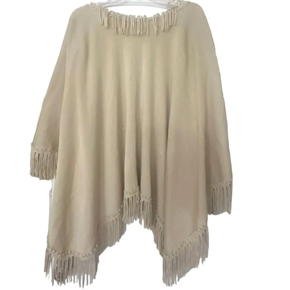 COLDWATER CREEK Tan Fringe One Size Shawl Poncho Cardigan Boho Western country
